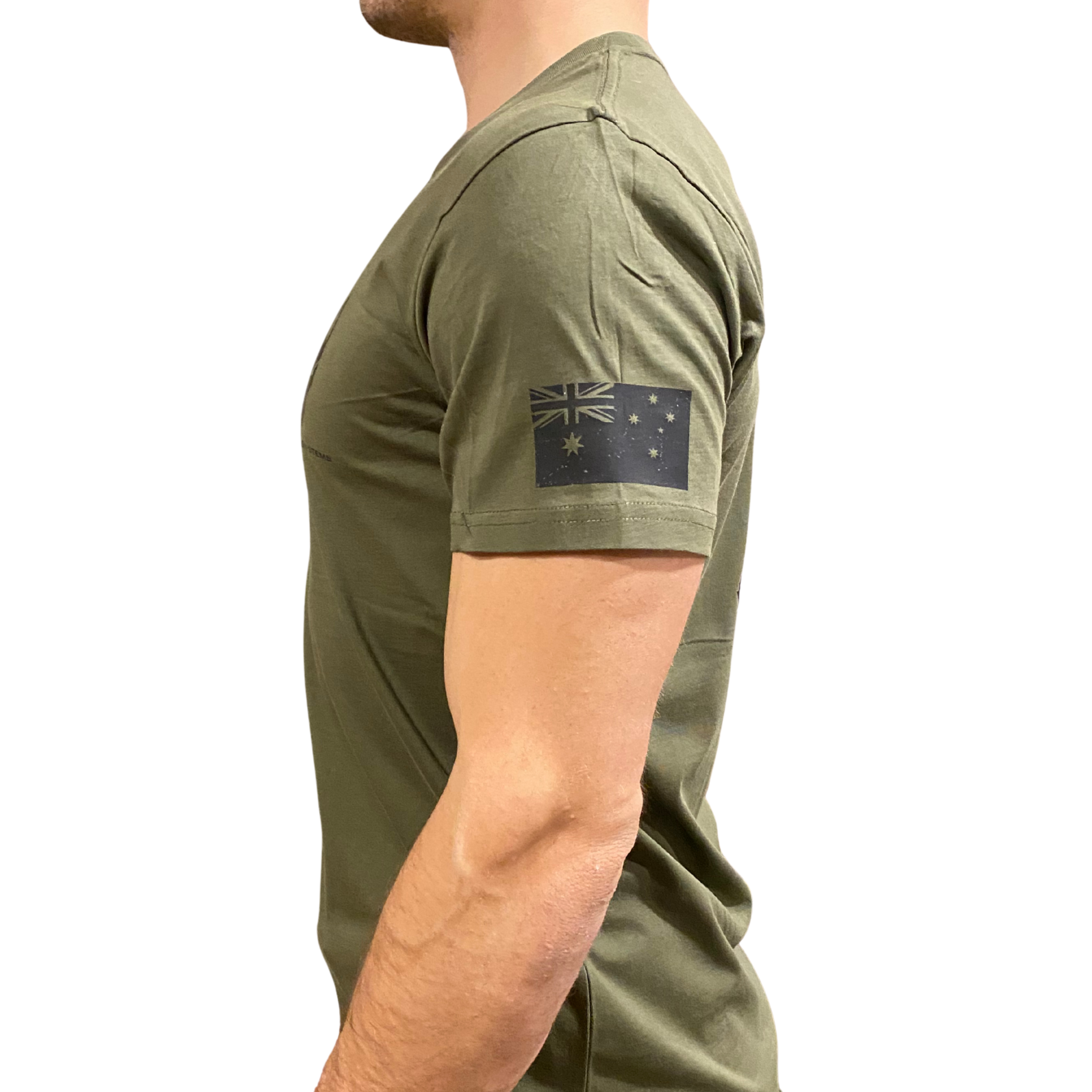 Person wearing a green t-shirt with an Australian flag patch on a white background