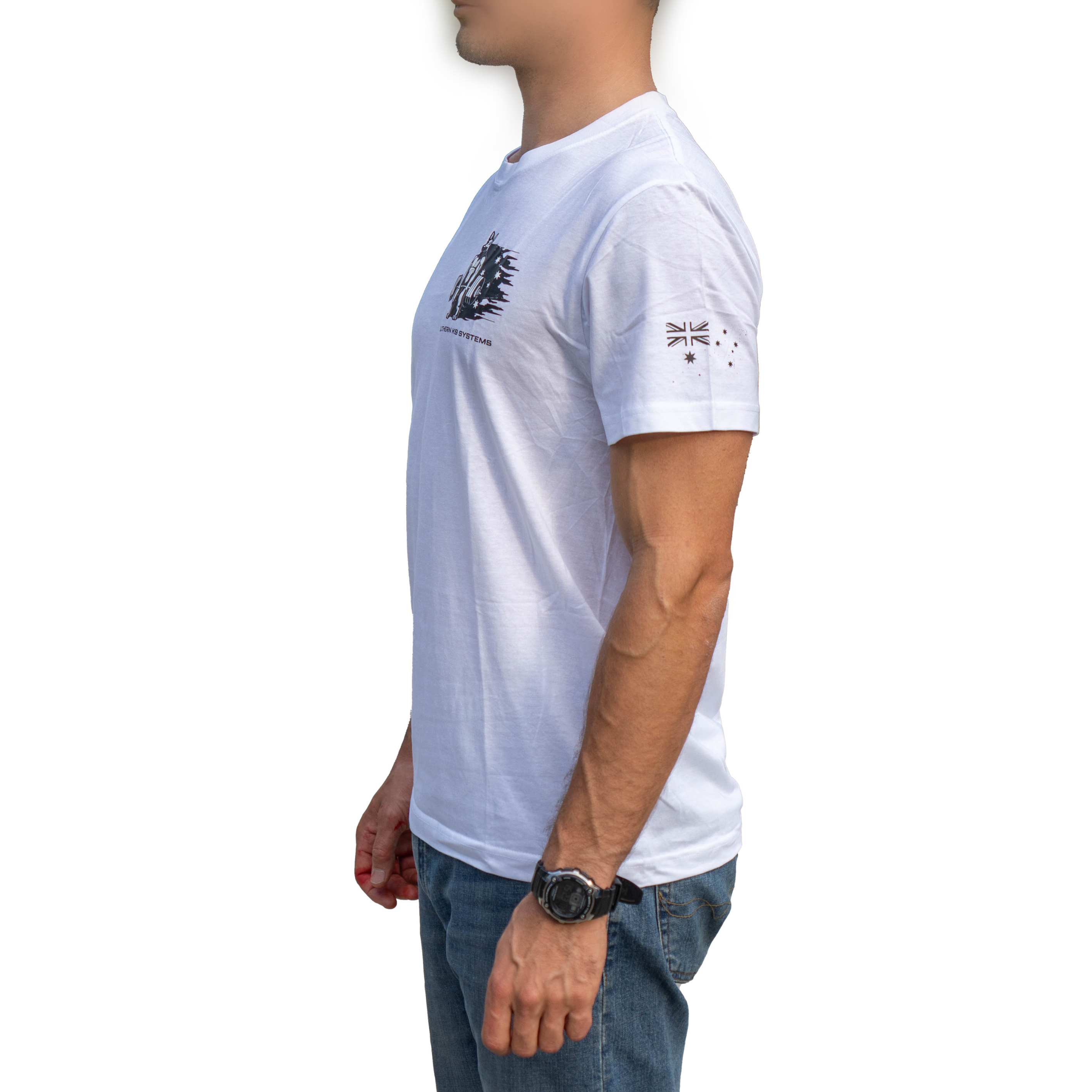 Person wearing a white t-shirt with subtle design details on a white background
