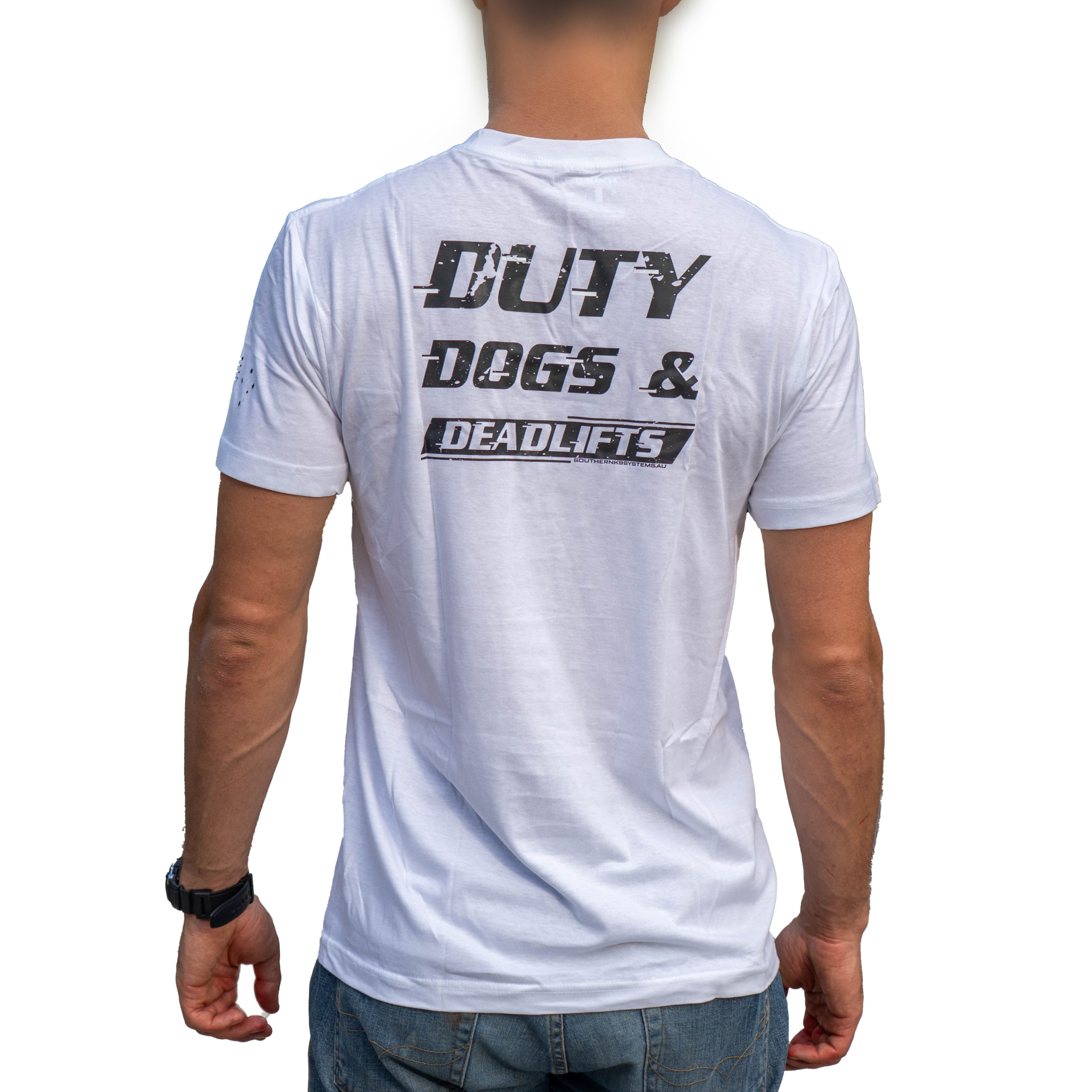 Person wearing a white t-shirt with text on the back.