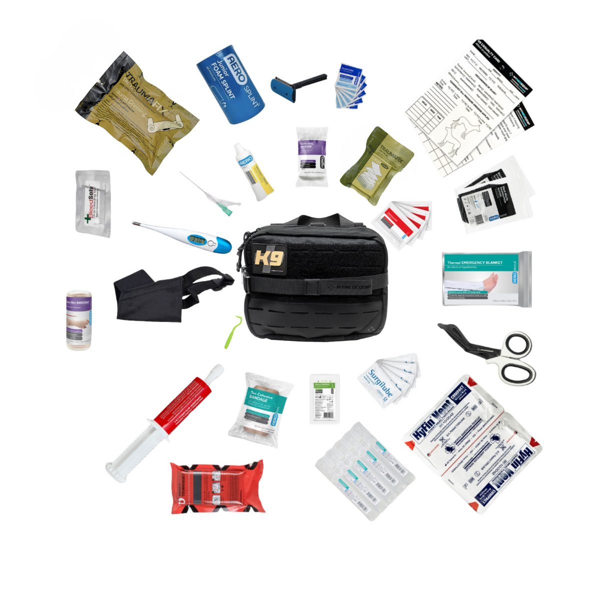 Collection of canine first aid supplies and a black bag on a white background