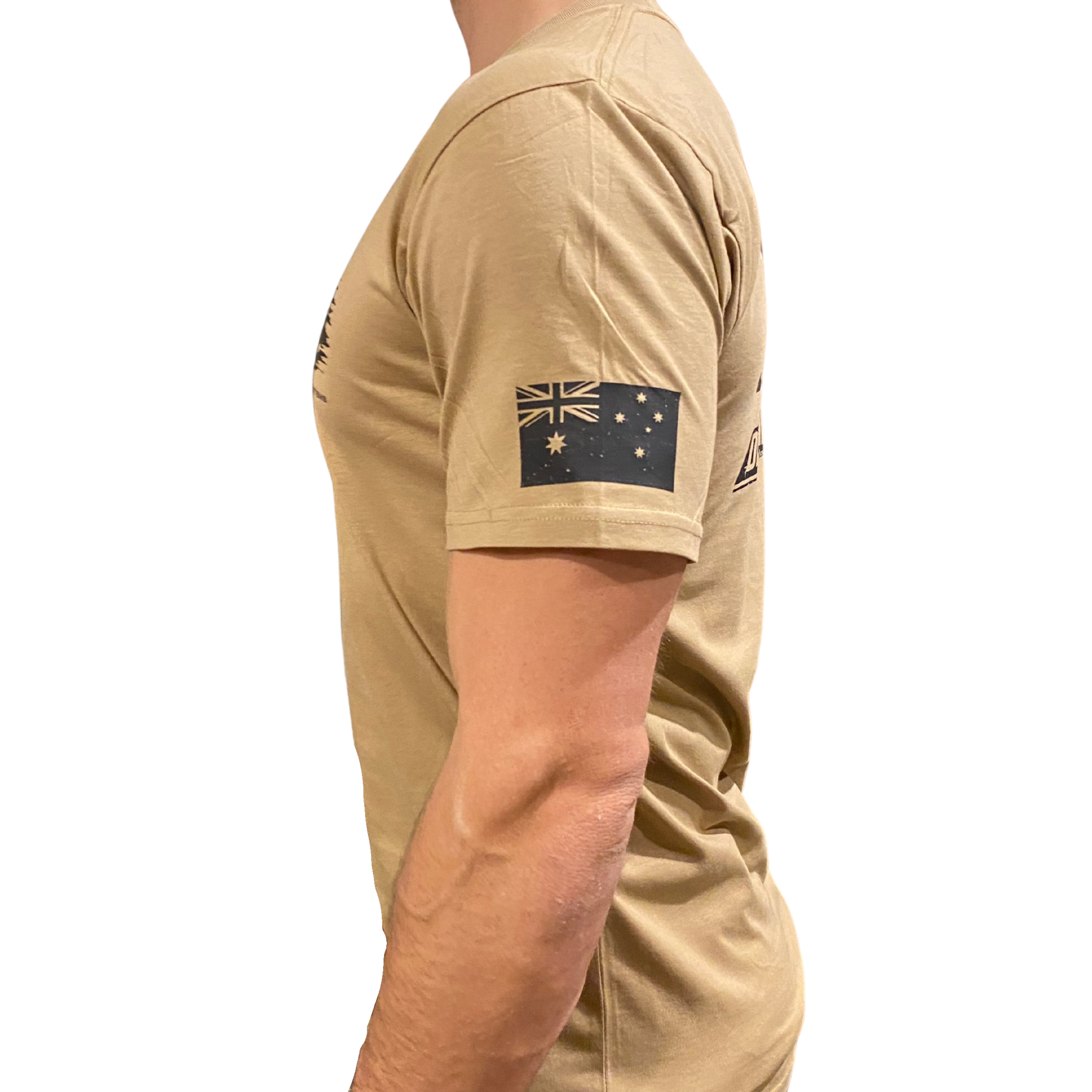Beige t-shirt with Australian flag patch on sleeve against a white background