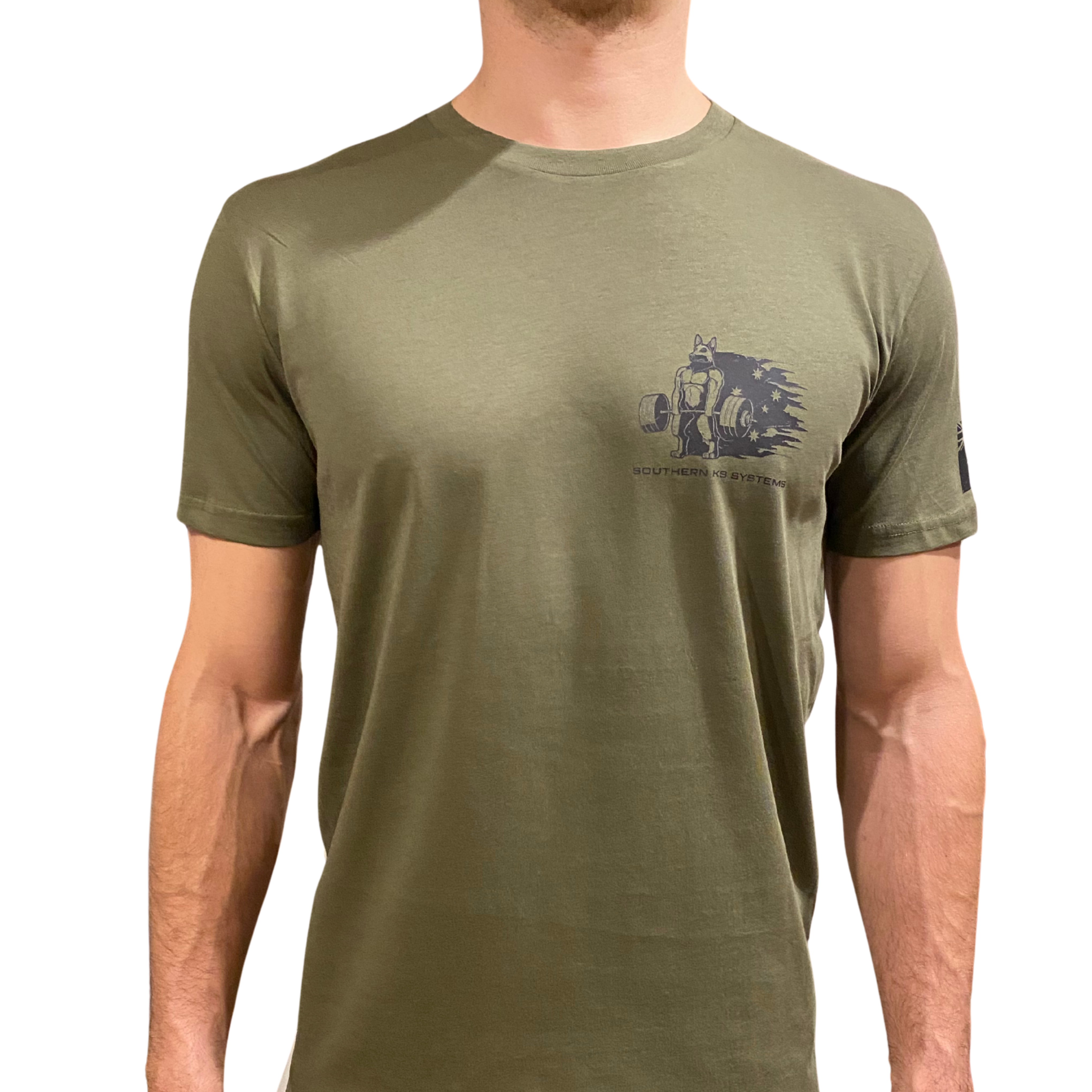 Person wearing a green t-shirt with a logo on a white background