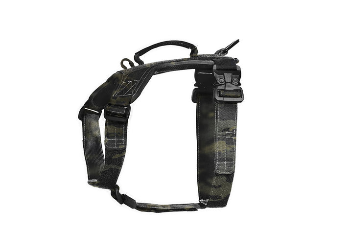 Black tactical dog harness on a white background