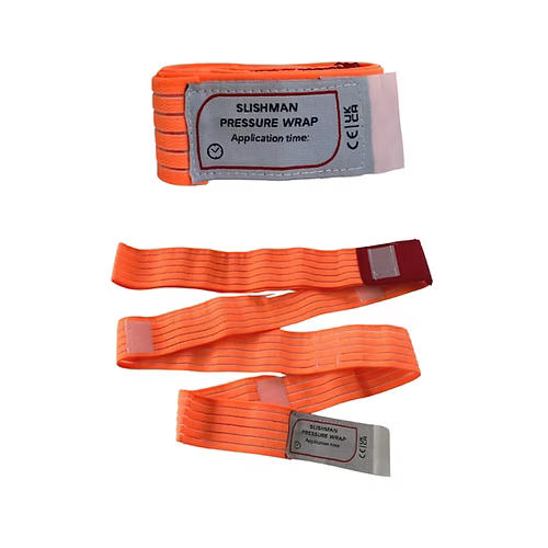 Orange Slishman Pressure Wrap emergency trauma bandage folded and then below anothe one laid out in a zigzag fashion with features visible