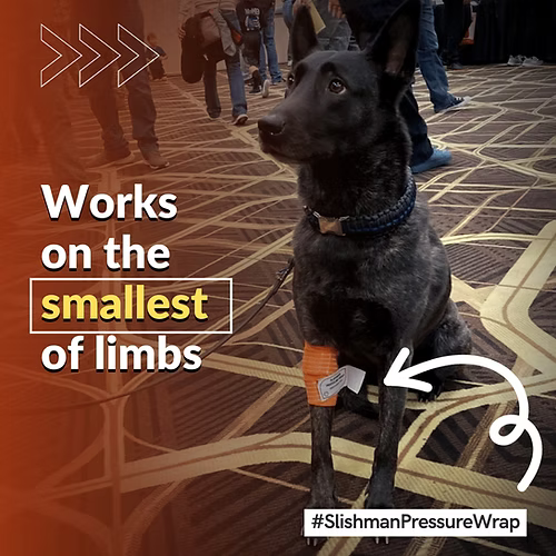 Dog wearing a slishman pressure wrap with text about its effectiveness on small limbs, set against a blurred indoor background.