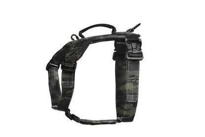 Black tactical dog harness on a white background