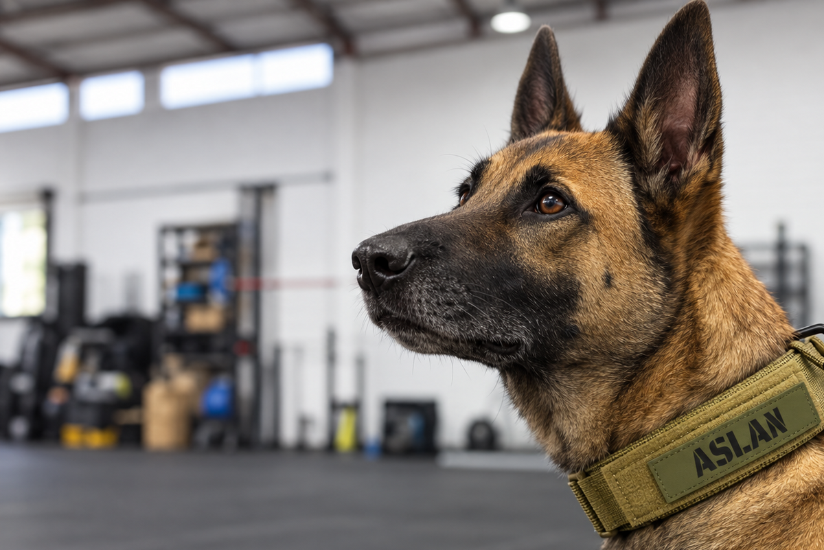 A Belgian Malinois dog wearing a tan tactical collar with a patch attached with the name 'ASLAN' printed on it, standing in a large, softly blurred indoor dog training facility.